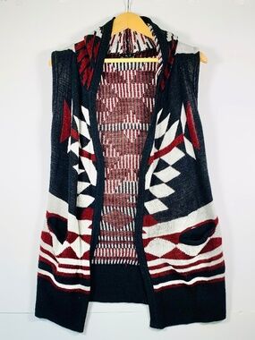 Chocolate Hooded Sleeveless Open Cardigan Sweater Vest Red Black Southwestern
